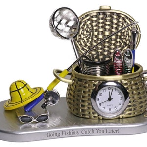 Custom Mini Fisherman Tools Kit Desk Clock - Personalized Fisherman&#39;s Landing Net, Fishing Rod, Custom Gifts, Fathers Birthday Trophy Awards