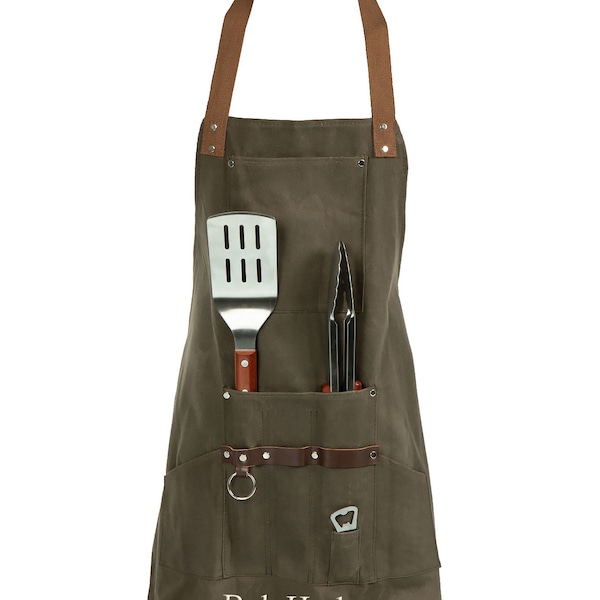 Smart BBQ Waxed Canvas Apron with Grilling Tool Set & Metal Retractable Bottle Opener - Custom Embroidered Barbecue Aprons, Kitchen Chef