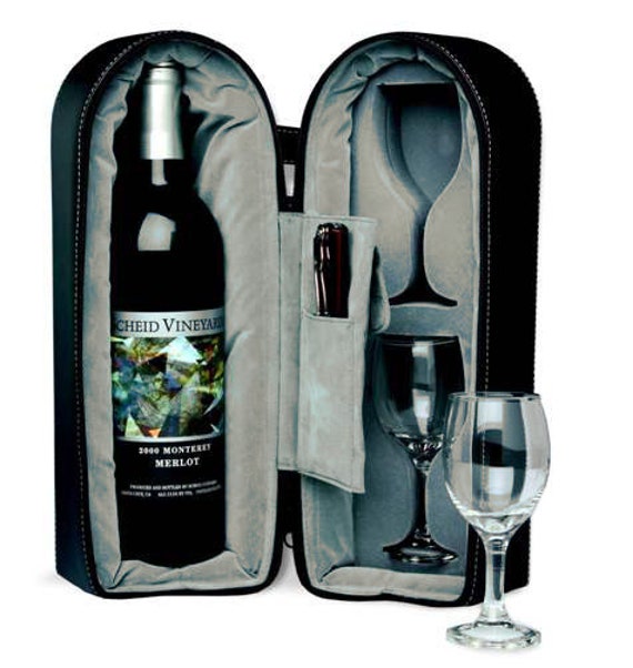 His Hers Dual Wine Glass Cups & Bottle Travel Carry Case