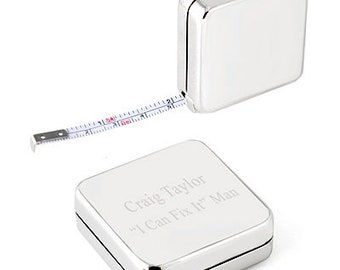 Square Polished Silver Measuring Pocket Tape (3 Feet) - Engraved Gifts, Personalized Monogrammed Office Accessories, Custom Handyman Tools