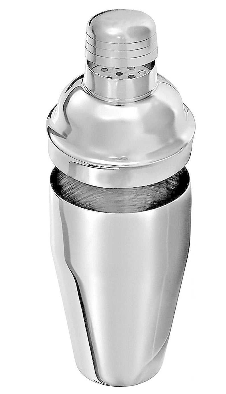 May include: A silver cocktail shaker with a lid and a strainer. The shaker has a smooth, polished finish.