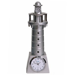 Custom Mini Silver Alloy Lighthouse Table Clock - Personalized Office Accessories, Beach Favors, Engraved Gifts, Coastal, Fathers Birthday