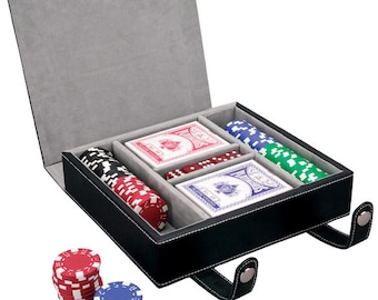 Leatherette Black Case Poker Cards and Premium Chips Game Set - Personalized Engraved Casino Travel Game Set, Custom Gifts, Dices,Tournament