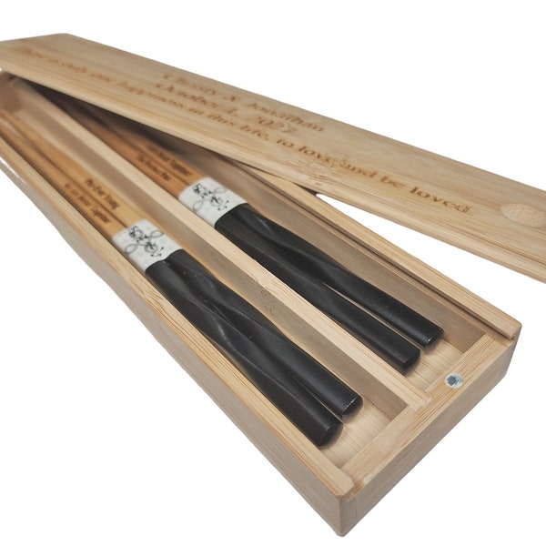 2-Sets Engraved Twisted Black Bamboo Chinese Chopsticks Pairs (Optional Double Chopsticks Box) - Personalized Chopsticks, Custom Wood Box