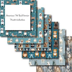 May include: A set of 8 digital paper prints featuring American Pit Bull Terriers in various poses and colors on a blue background with white flowers. The text "American Pit Bull Terrier Prints Collection" is displayed on a white rectangle.
