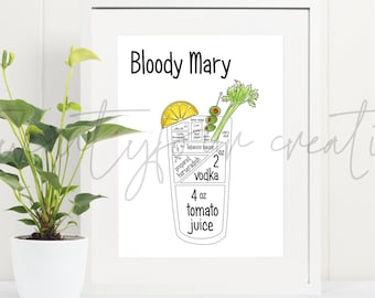 Bloody Mary Cocktail Recipe Illustration | Bar Cart | Digital Download | Happy Hour Drink Sign