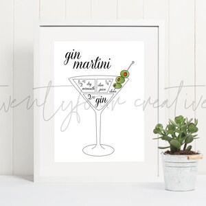 Gin Martini Cocktail Drink Recept Illustratie | Digitaal downloaden | Kunstprint voor staafkarretje