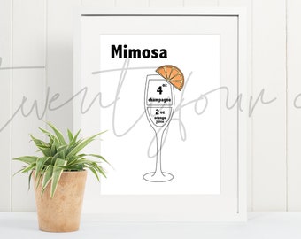 Mimosa Cocktail Recipe Illustration | Bar Cart Decor | Digital Download | Art Print for Bar Cart Wall