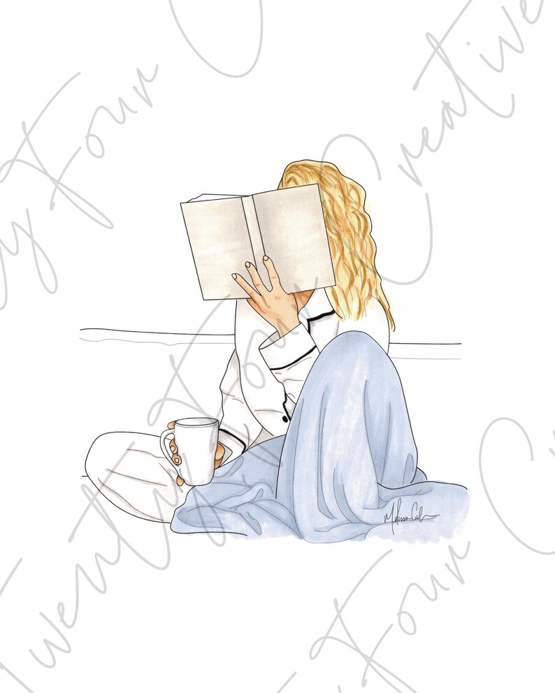 Fashion Illustration Print Instant Download Wall Decor Home Decor Illustration Art Fashion Sketch prints Blonde Book In Bed