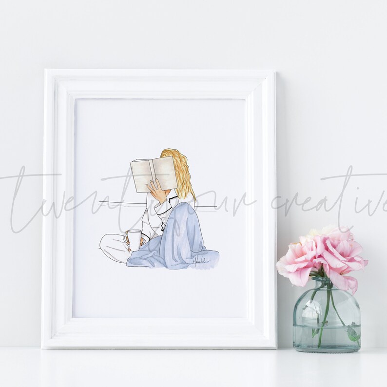 Fashion Illustration Print Instant Download Wall Decor Home Decor Illustration Art Fashion Sketch prints Blonde Book In Bed
