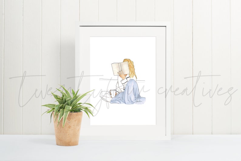 Fashion Illustration Print Instant Download Wall Decor Home Decor Illustration Art Fashion Sketch prints Blonde Book In Bed