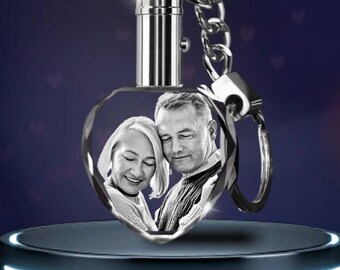 Heart-Shaped LED Personalised Photo Keyring – Custom Engraved Crystal Keychain with Light, Unique Gift for Him or Her, Keepsake for Birthday