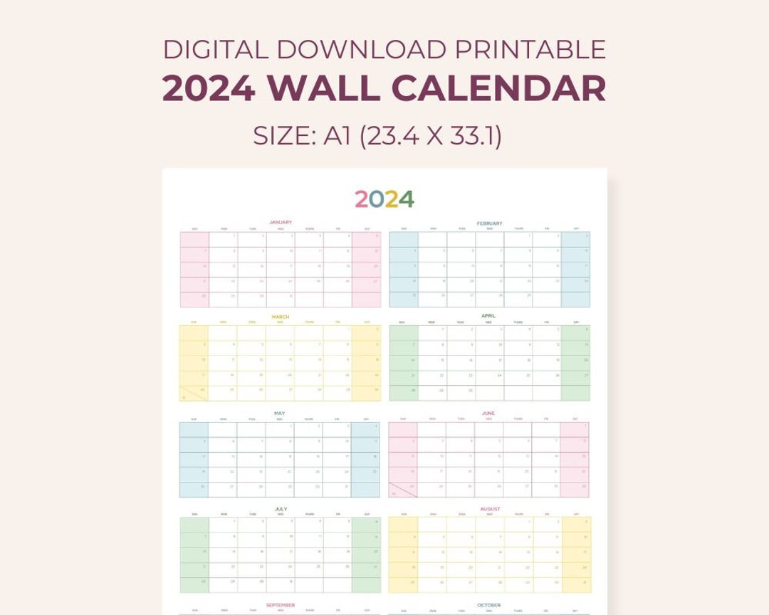 2024 Year Wall Calendar Printable A1 Size Portrait Colourful 2024 Year ...