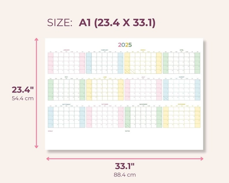 2025 Year Wall Calendar Printable A1 Size Landscape Colourful 2024 Year ...