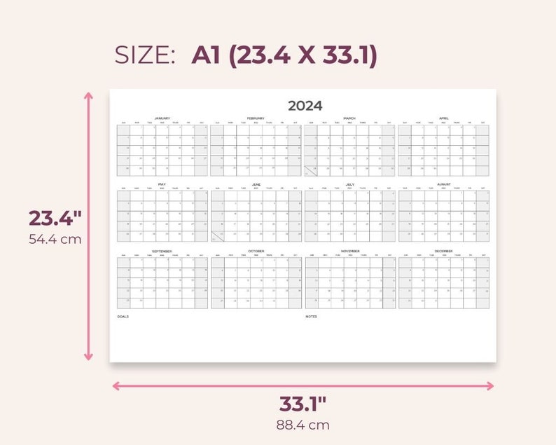 2024 Year Wall Calendar Printable A1 Size Landscape Plain Minimal 2024 ...