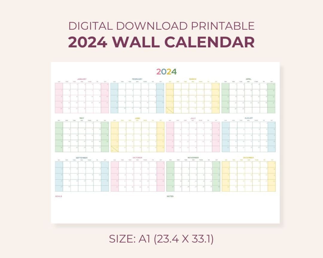 2024 Year Wall Calendar Printable A1 Size Landscape Colourful 2024 Year ...