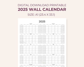 2025 Year Wall Calendar Printable A1 Size | Portrait | Plain Minimal | 2025 Year Planner