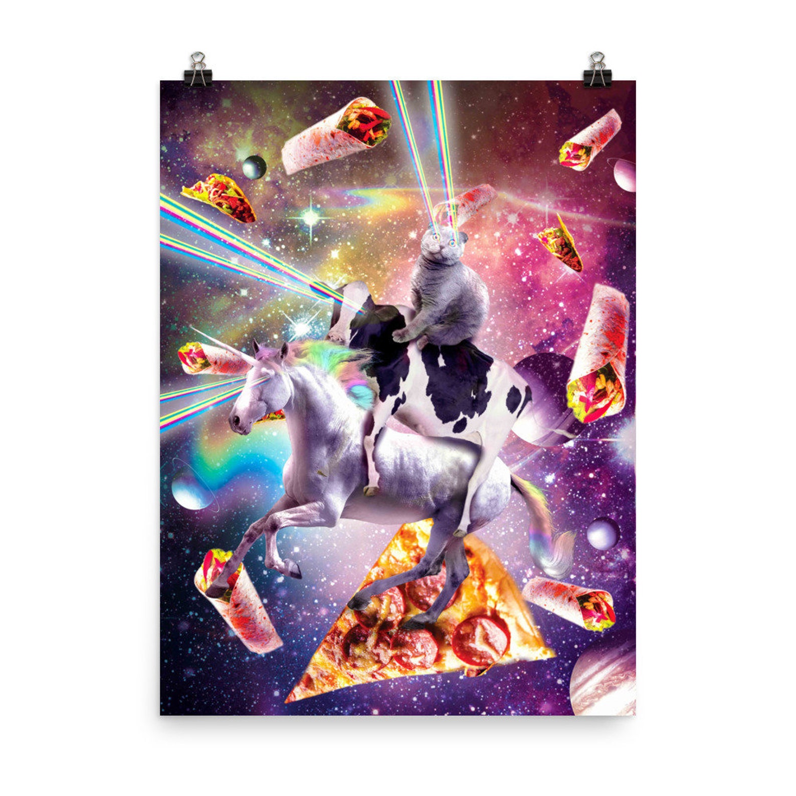 Laser Eyes Space Cat On Cow Unicorn Rainbow Poster Etsy