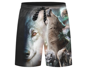 Tropical Wolf Howling Swim Trunks | Men's Swimming Beach Shorts