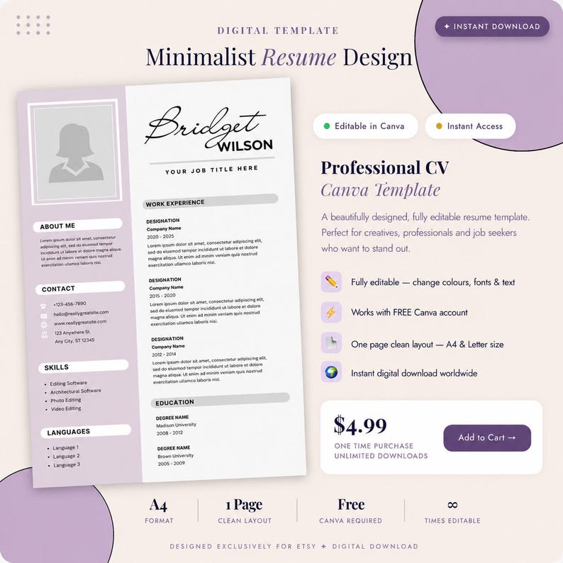 Minimalist Resume Template Canva | Editable CV Template | Two Column ...