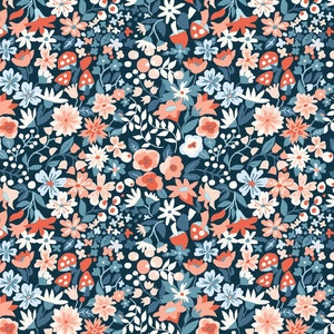 May include: A seamless pattern featuring a variety of small flowers in shades of pink, blue, and white on a dark blue background. The pattern includes small red mushrooms and green leaves.