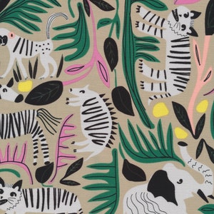 May include: A beige fabric with a repeating pattern of black and white striped animals, including zebras, tigers, and elephants, set against a background of green and pink leaves.