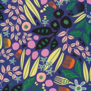 May include: A purple background with a repeating pattern of pink, yellow, green, and orange floral shapes. The pattern includes leaves, flowers, and abstract shapes.