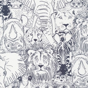 Könnte beinhalten: Eine Schwarzweißillustration einer Vielzahl von Tieren, darunter ein Löwe, ein Zebra, ein Nashorn, ein Gepard, ein Elefant und ein Strauß. Die Tiere sind detailliert und realistisch gezeichnet.