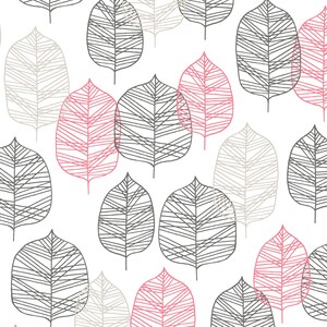 May include: A repeating pattern of stylized leaves in grey, pink, and black on a white backdrop. The leaves have a linear design, offering a modern, organic look. Suitable for various design uses, this pattern is visually appealing and versatile.