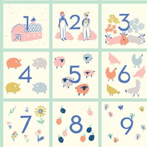 May include: A colorful illustration of numbers 1 through 9 with different farm animals and objects. The numbers are blue and the illustrations are in various colors.