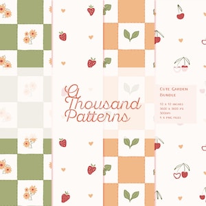 May include: A collection of digital patterns featuring strawberries, cherries, leaves, and flowers. The patterns are arranged in a grid with a soft color palette of green, peach, and white. Text reads "A Thousand Patterns" and "Cute Garden Bundle". Each pattern is 12 x 12 inches.