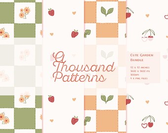CUTE GARDEN - Pack de Patrones Seamless | Fresas, Cerezas y Cuadros | Telas Infantiles y Decoración para Bebé | Papel Digital