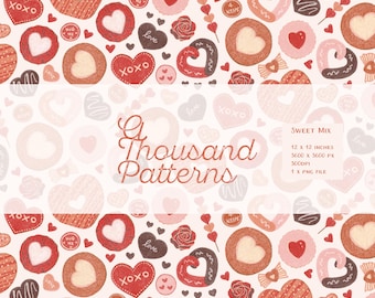 SWEET MIX – Patrón digital continuo de galletas y chocolates – 12 x 12 in – Alta resolución – Diseño de San Valentín