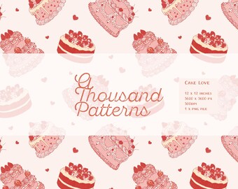CAKE LOVE – Patrón digital seamless de pasteles & corazones – 12x12 in – Alta resolución – Diseño para San Valentín