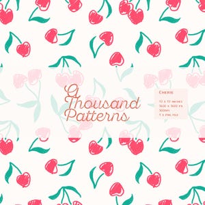 Puede incluir: Patrón repetido de cerezas rojas y verdes dibujadas a mano sobre un fondo crema. El diseño incluye el texto "A Thousand Patterns" y "Cherie". La imagen mide 30,48 x 30,48 cm y tiene 5600 x 5600 píxeles.