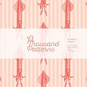 May include: A repeating pattern featuring stylized red squid illustrations on a striped background. The design includes the text "A Thousand Patterns" and "CALAMARI STRIPES". The pattern is 12 x 12 inches.