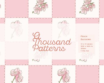Patrón de flores de melocotón y cuadros en rosa y blanco | Telas Infantiles y Decoración para Bebé | Papel Digital