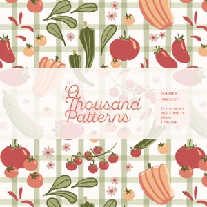May include: A digital pattern featuring a summer harvest theme. The design includes illustrations of tomatoes, peppers, and other vegetables, along with floral accents, set against a checkered background. The text "A Thousand Patterns" is also present.
