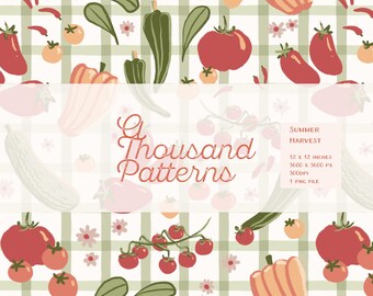 Verduras de Verano sobre Cuadros Vichy Verdes | Patrón Seamless para Textiles y Decoración | Papel Digital