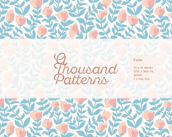 FLOW Patrón Floral Seamless | Diseño Botánico de Hojas y Flores en Azul y Melocotón | Papel Digital 12x12"