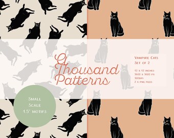 Gatos Vampiro de Halloween - Pack de Patrones Seamless PNG | Textiles y Decoración Divertida | Papel Digital