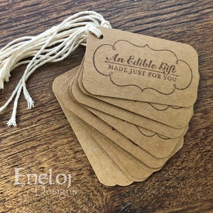 Brown Kraft Gift Tags / &#39;An Edible Gift&#39; Tag with String / Hand Stamped Favor Tags / Die Cut Gift Wrapping