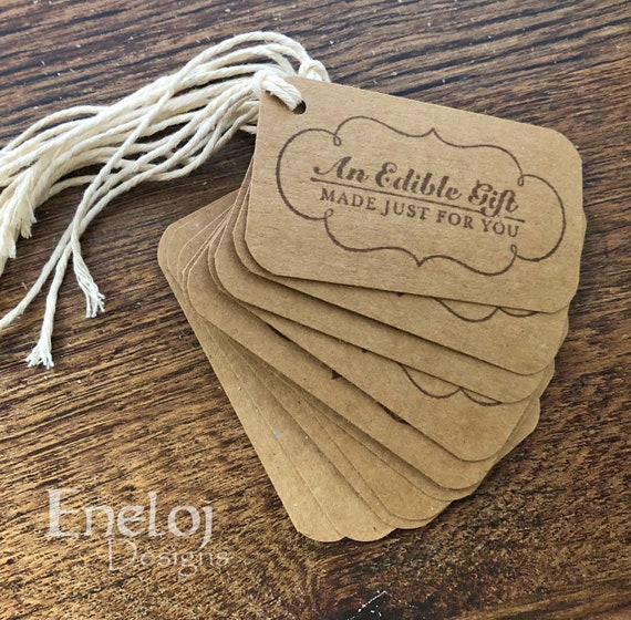 Brown Kraft Gift Tags / 'an Edible Gift' Tag With String / Hand Stamped  Favor Tags / Die Cut Gift Wrapping 