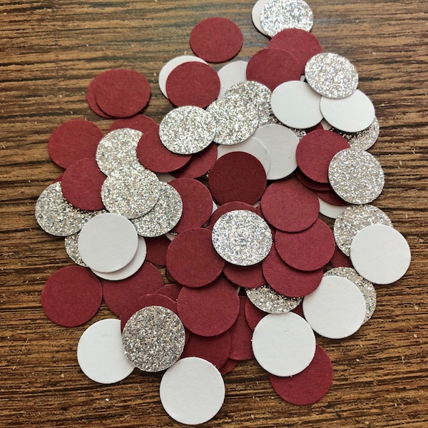 Burgundy, Silver & White Circles / Wedding Glitter Confetti / Round Birthday Party Table Scatter