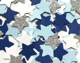 Confeti estrella / Decoración de cumpleaños de niño / Confeti de boda o baby shower / Dispersión de mesa azul, plateada y blanca