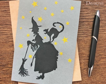 Halloween Witch Card / Handmade Die Cut Card / All Hallows Eve Card / October 31 Stationery