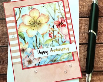 Anniversary Card / Happy Anniversary / Handmade Card / Blank Card / Flower Stationery