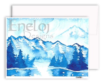 Blue Landscape Watercolor Card / Original Painting Stationery / Handmade Birthday Card