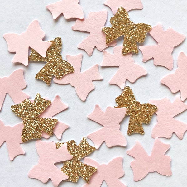 Bow Confetti / Little Girl Pink & Gold Baby Bows / Baby Shower Decor / Gift Wrapping / Table Scatter