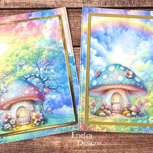 May include: Two cards with a rainbow background and gold trim. Each card features a mushroom house with a door and windows. One card has a green tree in the background, while the other has a rainbow in the background.